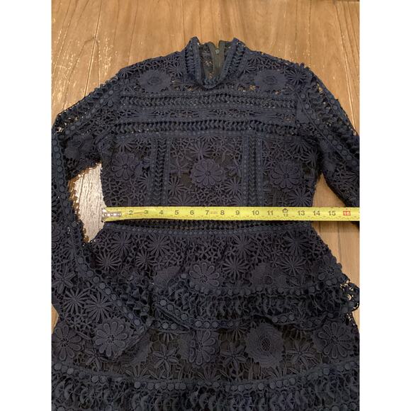 SELF PORTRAIT navy Ava Guipure Lace cut tiered long sleeve Mini Dress size 6 - Picture 11 of 12